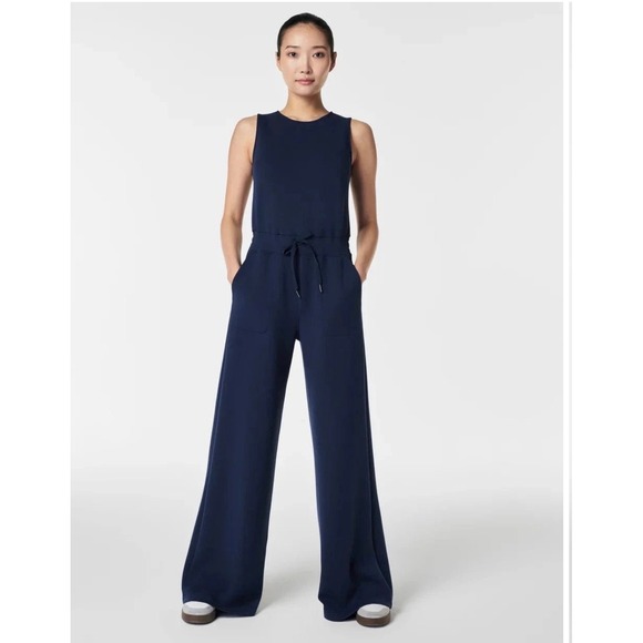 Spanx air essentials Navy Blue Sleeveless Wide Leg Jumpsuit Drawstring Pockets